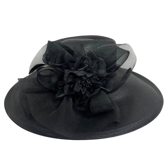 FINE MILLINERY Black Wide Brim Church Derby Hat With Floral Accent + Mesh Bow - Picture 1 of 7